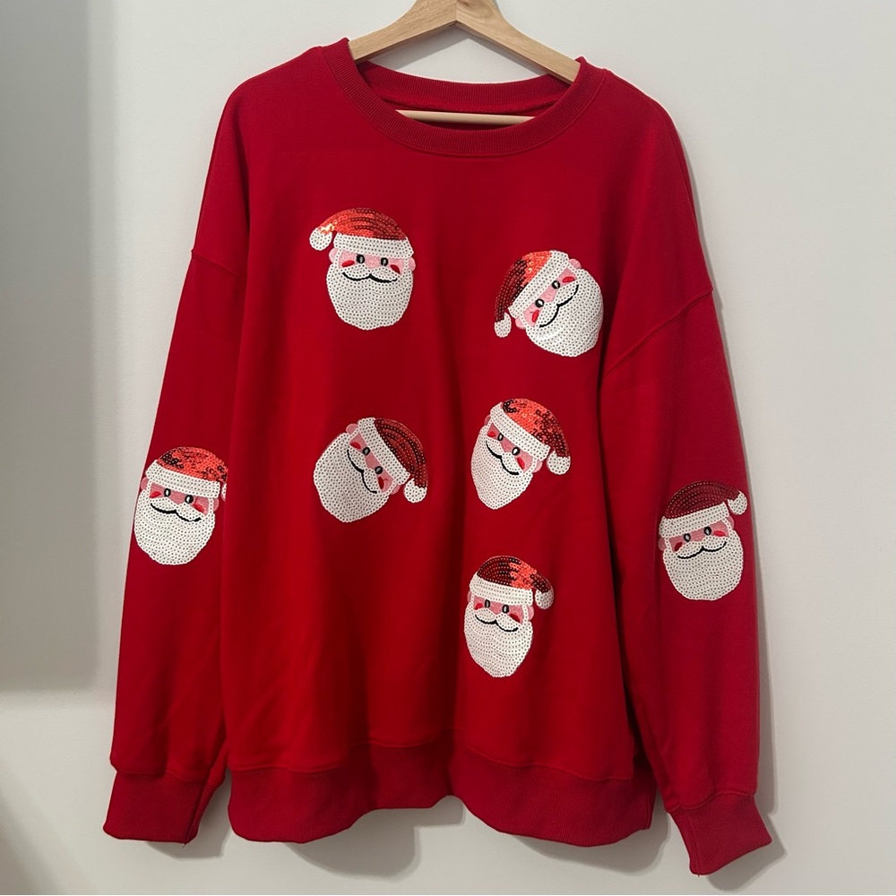 Red Santa Face Sweater Top Oversized Long Sleeved